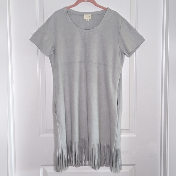 Joh Faux Genuine Suede Short Sleeve Western Bottom Fringe Dress Light Gray M - Picture 14 of 15